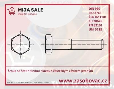 M16x1,5x 50 - DIN 960 - 8.8 - zinek bílý - Šroub se šestihr. hlav. jemný částečný závit - 1