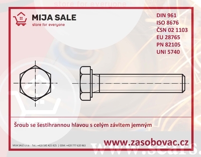 M12x1,5x 16 - DIN 961 - 10.9 - zinek bílý - Šrouby se šestihrannou hlavou jemný celý závit - 1